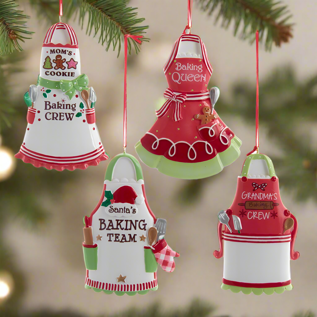 4"RESIN PERSONALIZABLE APRON ORNAMENTS, 4 ASSORTED