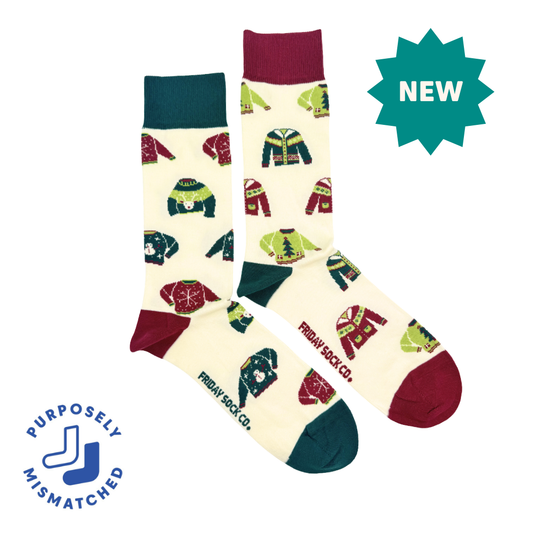 Friday Sock Co. - Men's Ugly Christmas Sweaters on Socks Mid-Calf Socks - Gift