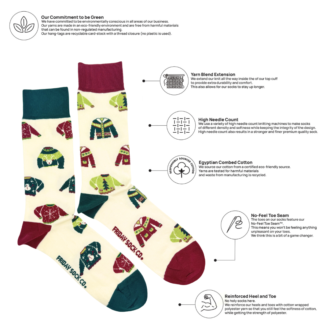 Friday Sock Co. - Men's Ugly Christmas Sweaters on Socks Mid-Calf Socks - Gift