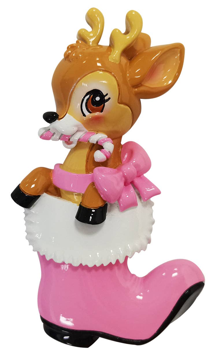 PolarX Ornaments - Nostalgic Baby Deer in Boot Personalized Ornament: Red & Green