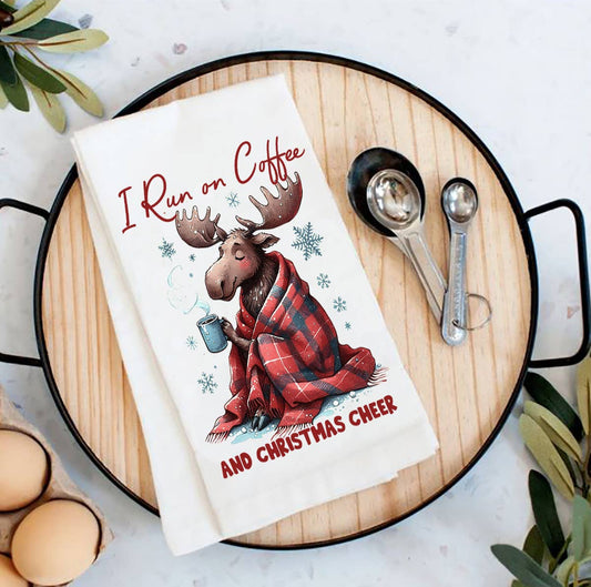 Christmas Moose I Run on Coffee Tea Towel