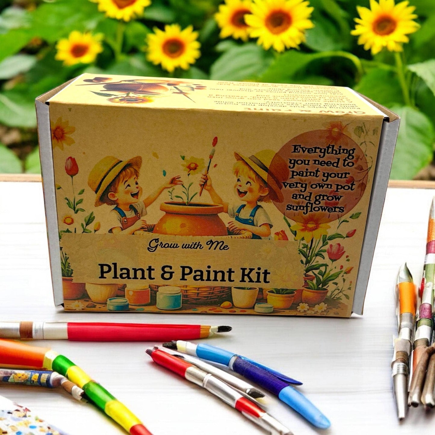 Fuschia Designs Shop - Paint, Plant & Grow DIY Kit with Clay Pot, Sunflower Seeds, Paint Brush, Paint, Soil
