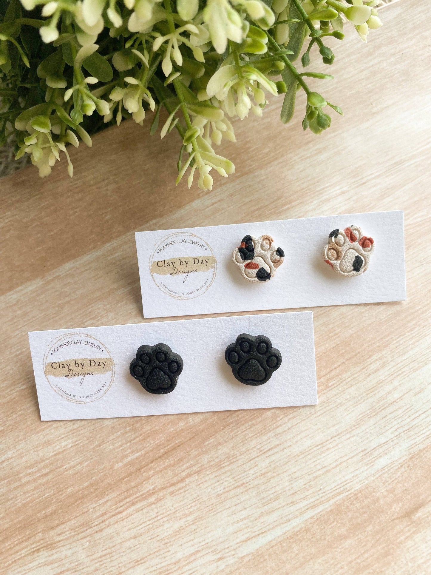Clay by Day Designs - Paw Print Stud Earrings: Black
