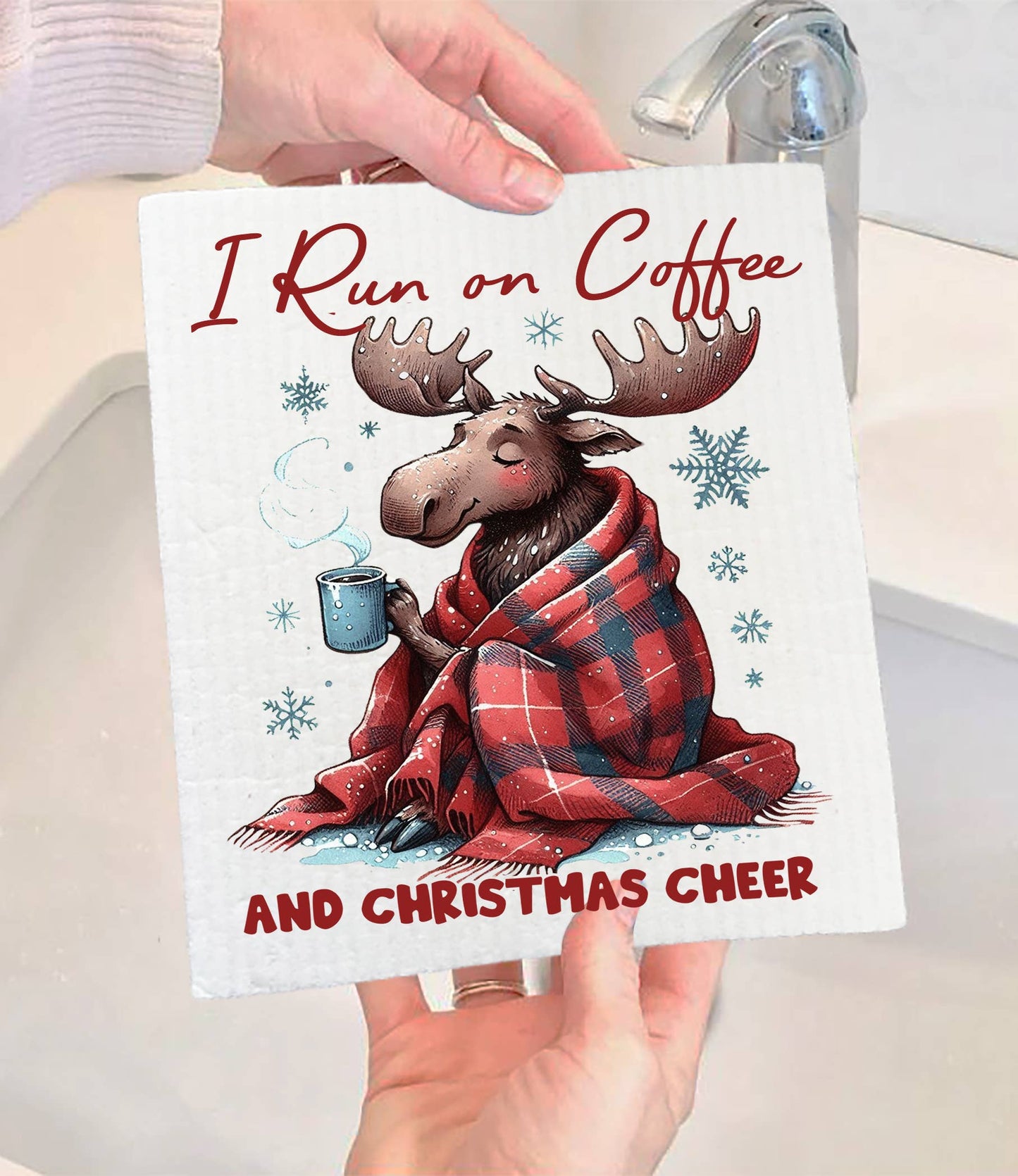 Avery Lane Gifts - Christmas Moose Run on Coffee Swedish Dishcloth