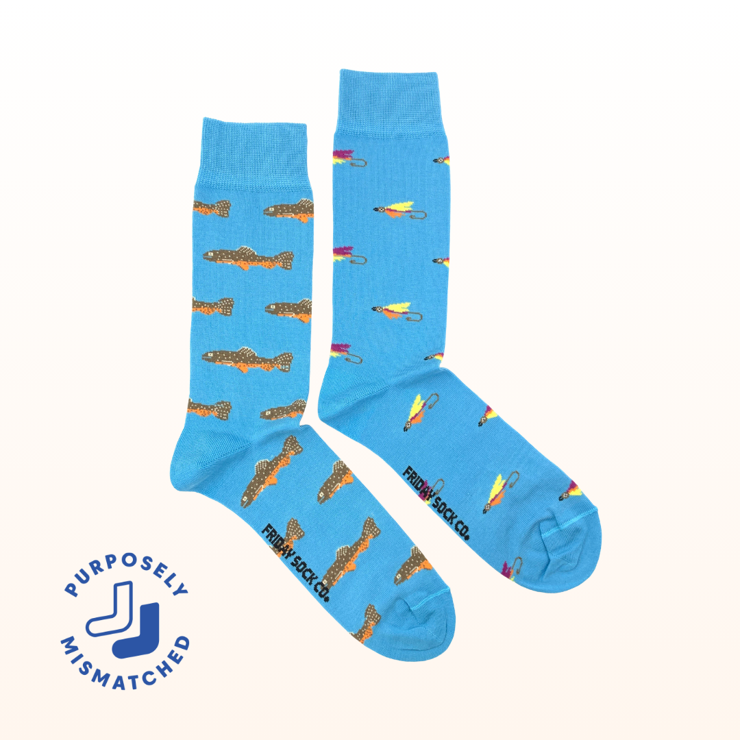 Friday Sock Co. - Men’s Trout & Fly Mid-Calf Socks - Fishing Gift for Him: Men's 7 - 12