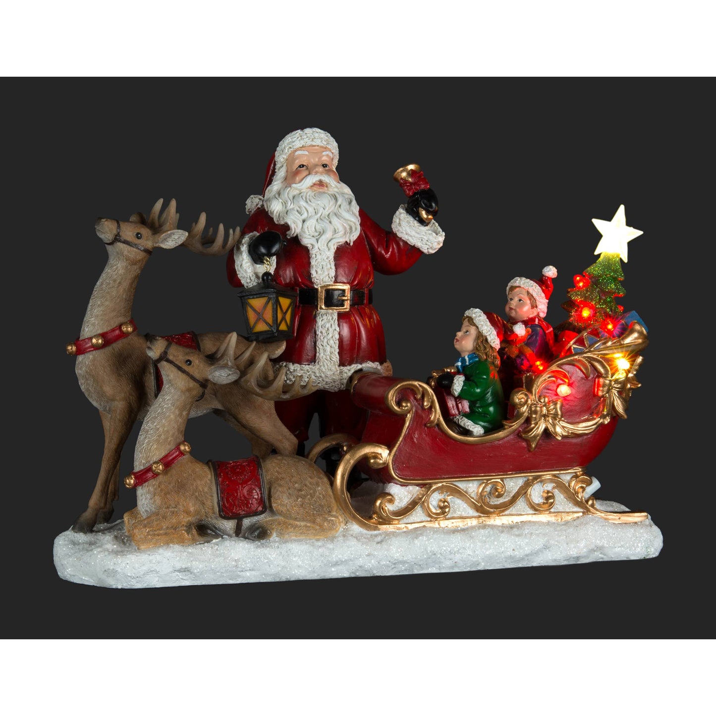 15" Santa & Reindeer with Kids & LED Christmas Tree in a Sleigh