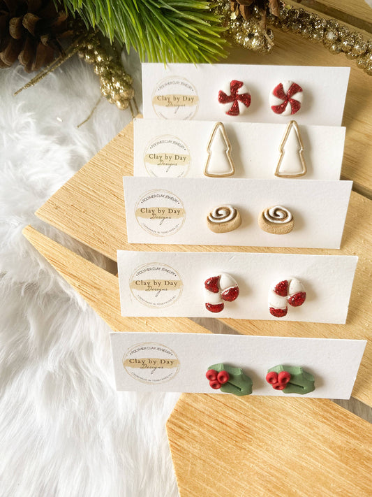 Single Christmas Studs - Winter Clay Earrings: Candy Cane