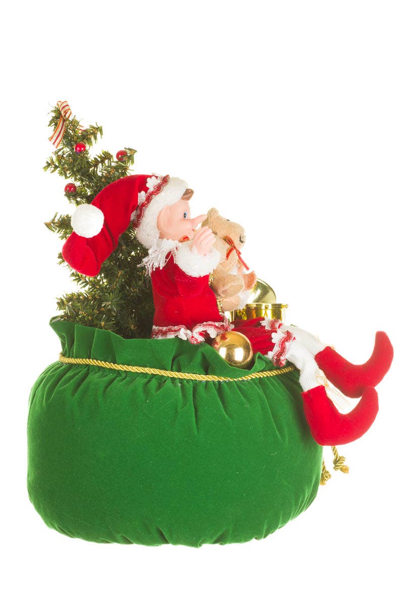 Starlight Collection - Red/Green Elf'S Christmas Sack Figurine With Bear