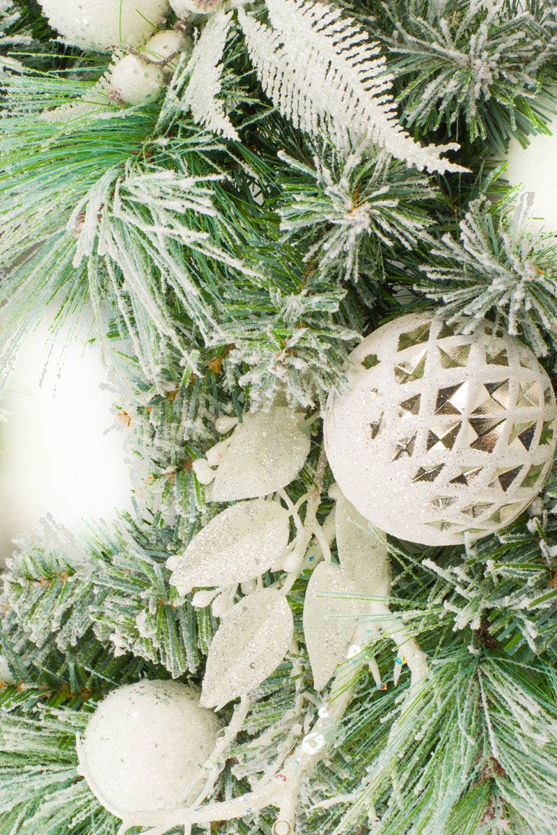 Starlight Collection - White/Gray Mixed Foliage Wreath With Sequin Branches