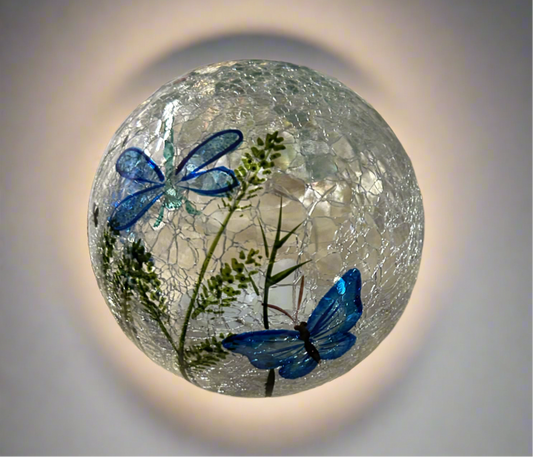 Blue LED Glass Globe with Dragonfly & Butterfly