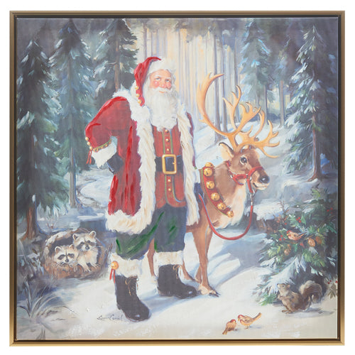 23.5 Inch Santa and Reindeer Textured Framed Wall Art