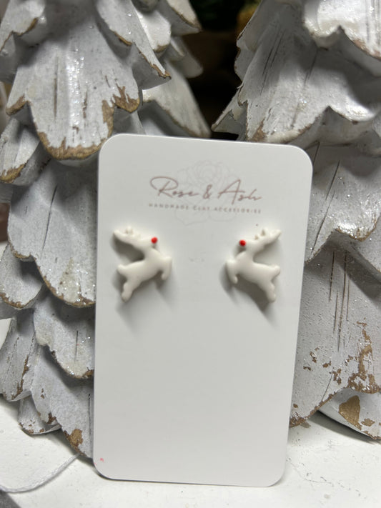 Polymer Clay Earrings, White Reindeer by Rose & Ash