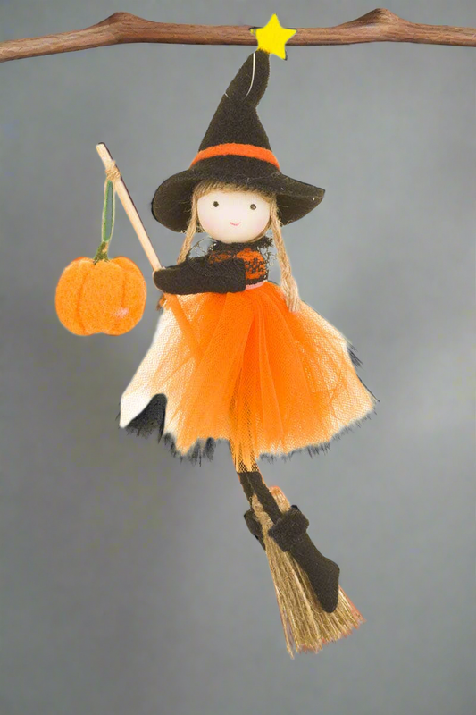 Orange Flying Witch Girl Doll With Pumpkin