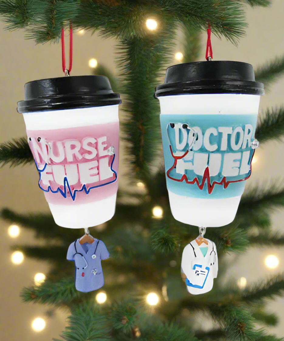 Doctor & Nurse Fuel Coffee Cup Ornaments, 2 Assorted (sold individually)