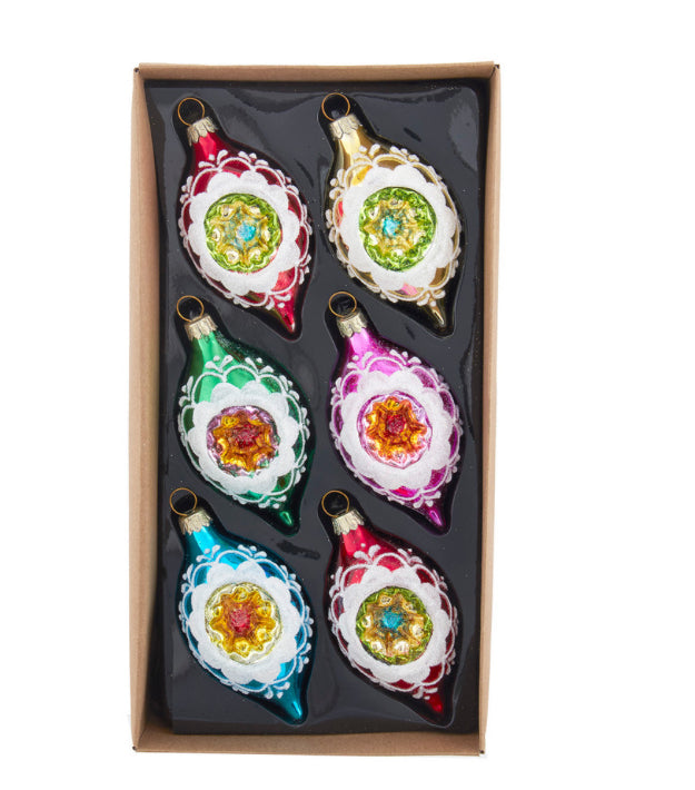 88mm Reflector Glass Multicoloured Reflector With White Glitter Drop Ornament Set, 6-Pieces