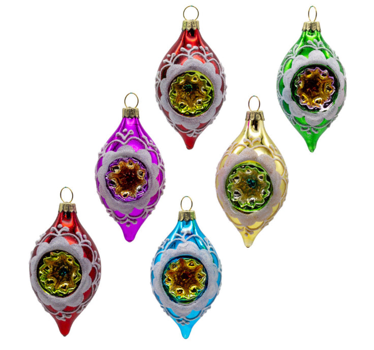 88mm Reflector Glass Multicoloured Reflector With White Glitter Drop Ornament Set, 6-Pieces