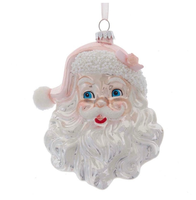 Glass Pink & Silver Santa Head Ornament