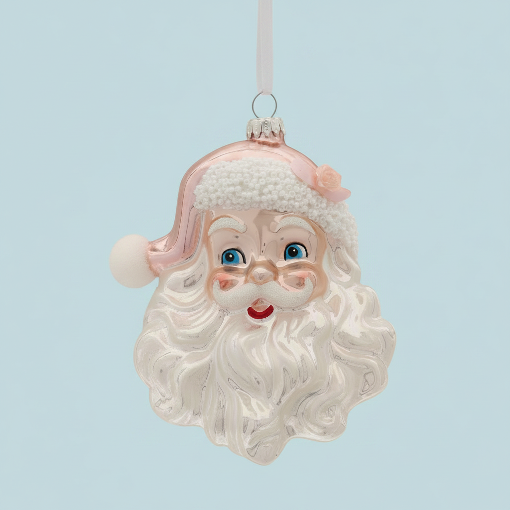 Glass Pink & Silver Santa Head Ornament