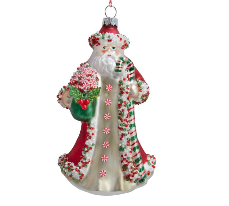 Glass Candy Cane Santa Ornament