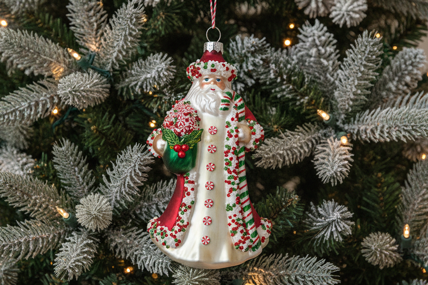 Glass Candy Cane Santa Ornament