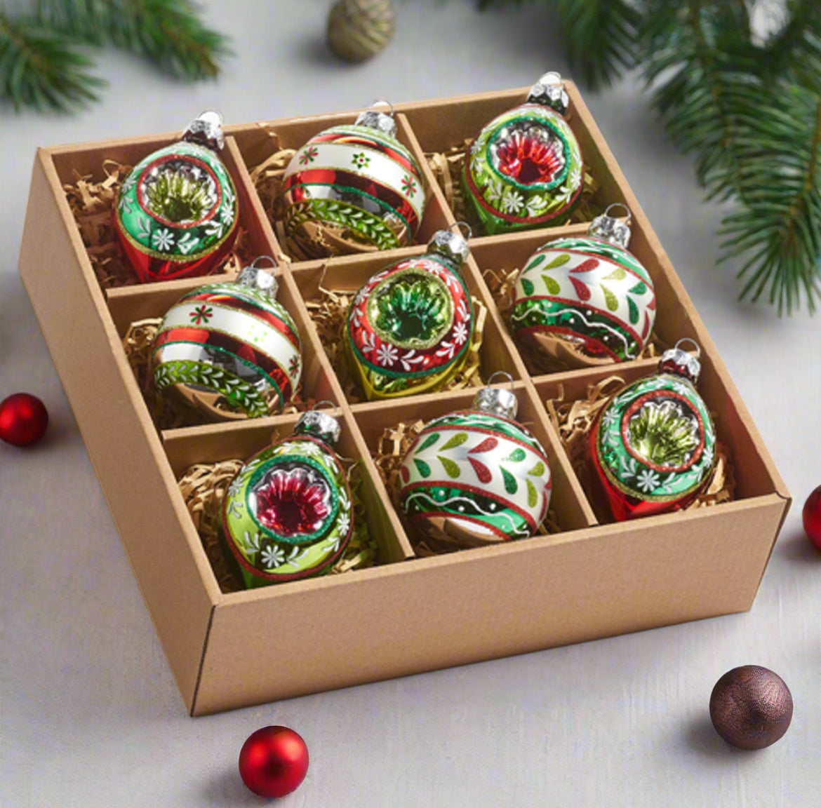 Raz 3.5" Vintage Inspired Glass Ball, Final and Reflector Christmas Ornaments Box of 9 4420864