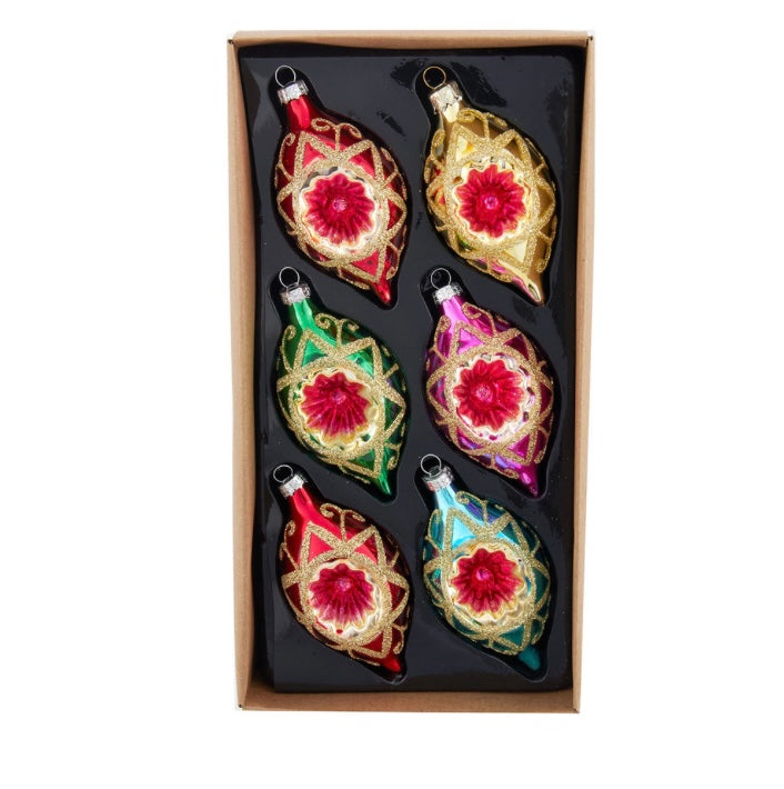 88mm Glass Multicoloured Reflector With Gold Glitter Drop Ornament Set, 6-Pieces