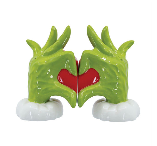 Share your love for Grinchmas with this hand painted ceramic Salt and Pepper Shaker showing Grinch's heart growing two sizes. Great gift for the Grinch Lover