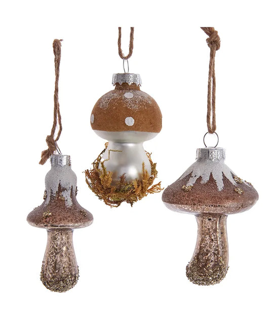 Glass Rustic Mushroom Ornaments, 3 Assorted (sold individually)