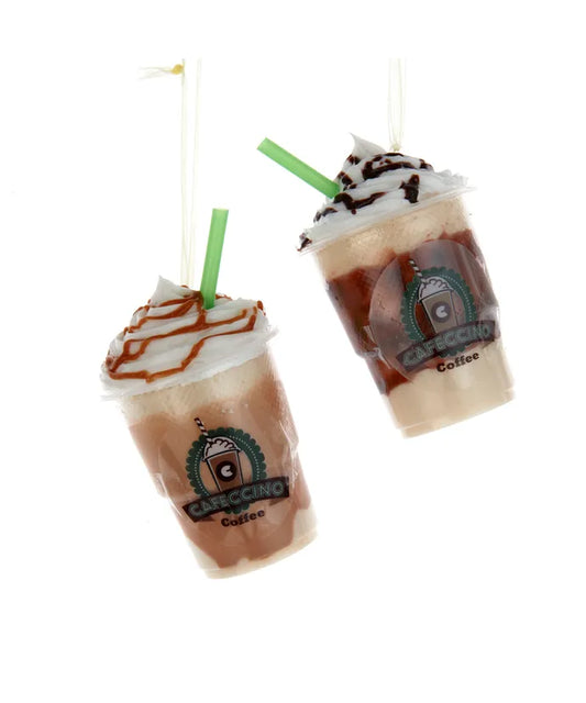 Kurt Adler's "Cafeccino" ornaments are a sweet addition to any holiday décor or Christmas tree. Included in this assortment are a carmel cafeccino frozen coffee and a mocha cafeccino frozen coffee. Each coffee has whipped cream and a straw.

