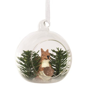 CLEAR GLASS BALL ORNAMENT WITH SQUIRREL & GREENERY