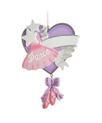Kurt Adler's "Dance" ballet heart ornament is the perfect addition to your holiday décor or Christmas tree. It features the word Dance in a ballet heart inspired ornament that can be personalized with your favorite dancer's name.

Made of resin and paint/mica
Can be written on for personalization