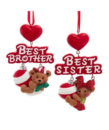 These "Best Sister" and "Best Brother" Ornaments from Kurt Adler are a delightful duo that adds a personalized touch to your holiday decorations. Crafted with warmth and sentiment, these ornaments feature endearing sentiments that honor the special relationships between siblings. The "Best Sister" ornament exudes charm with its thoughtful design, while the "Best Brother" counterpart carries a similar sentiment. Both ornaments come with spaces designated for personalization, allowing you to add your sister's