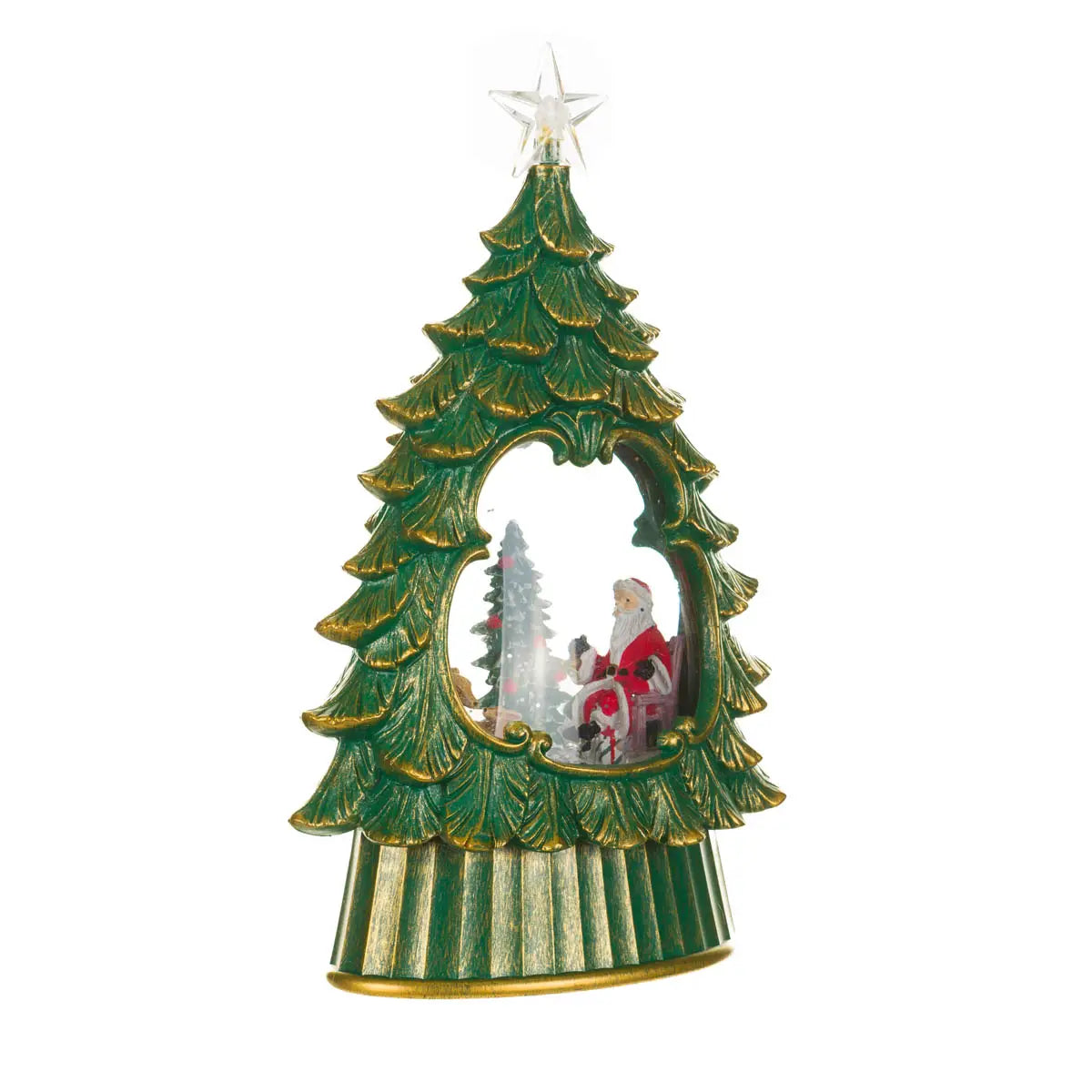 New-Green Led Star Topped Tree Snow Globe with Cozy Santa & Co