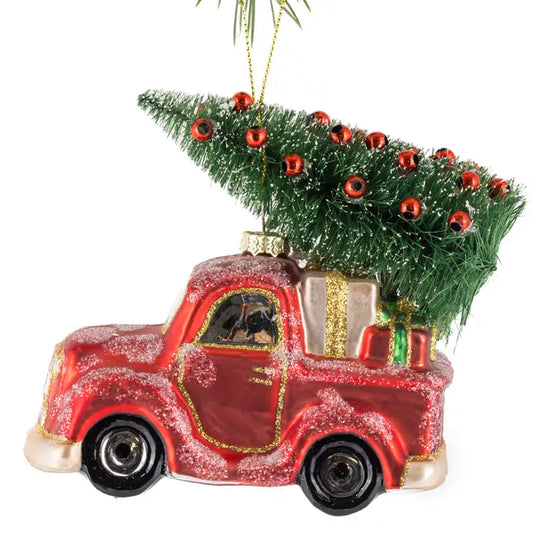 Red Pick-Up Truck Ornament Hauling Bottlebrush Tree