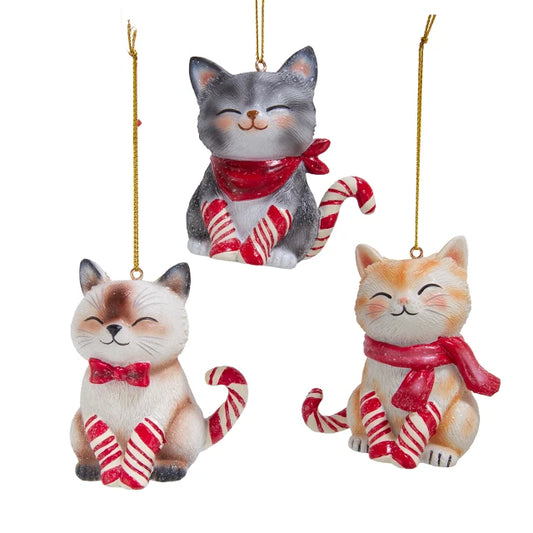 Candy Cane Cat Ornaments, 3 Assorted (sold individually)