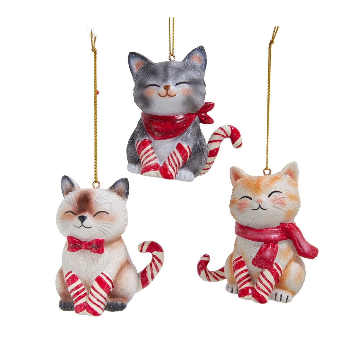 Candy Cane Cat Ornaments, 3 Assorted (sold individually)