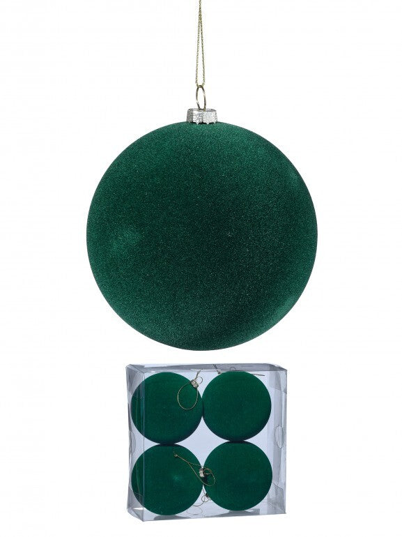 100MM PLASTIC FLOCKED BALL ORNAMENT BOX of 4, 3 Assorted (sold individually)