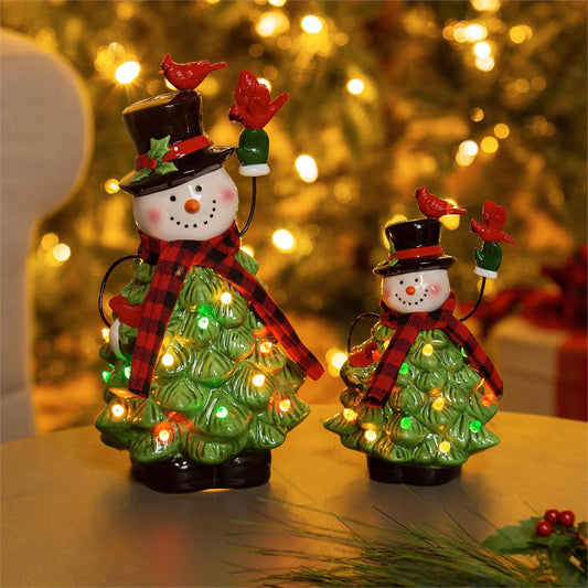 Heartfelt Cheer LED Table Decor Ceramic Snowman with Christmas Tree Body and Cardinals, Set of 2