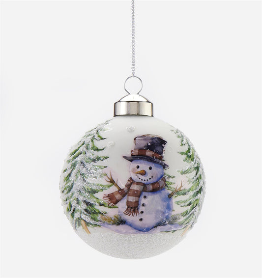 White Ball Ornament with Snowman Design