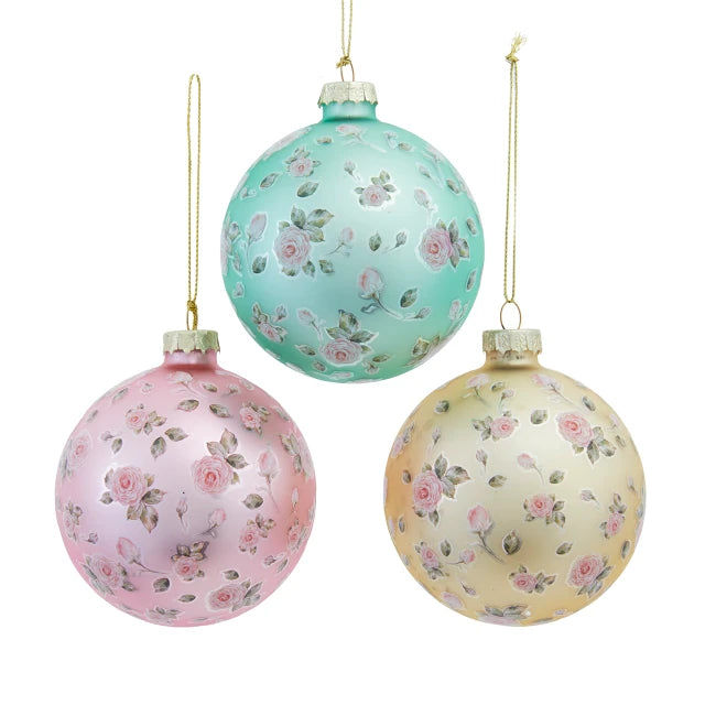 Glass Floral Decal Ball Ornaments, 3 Assorted