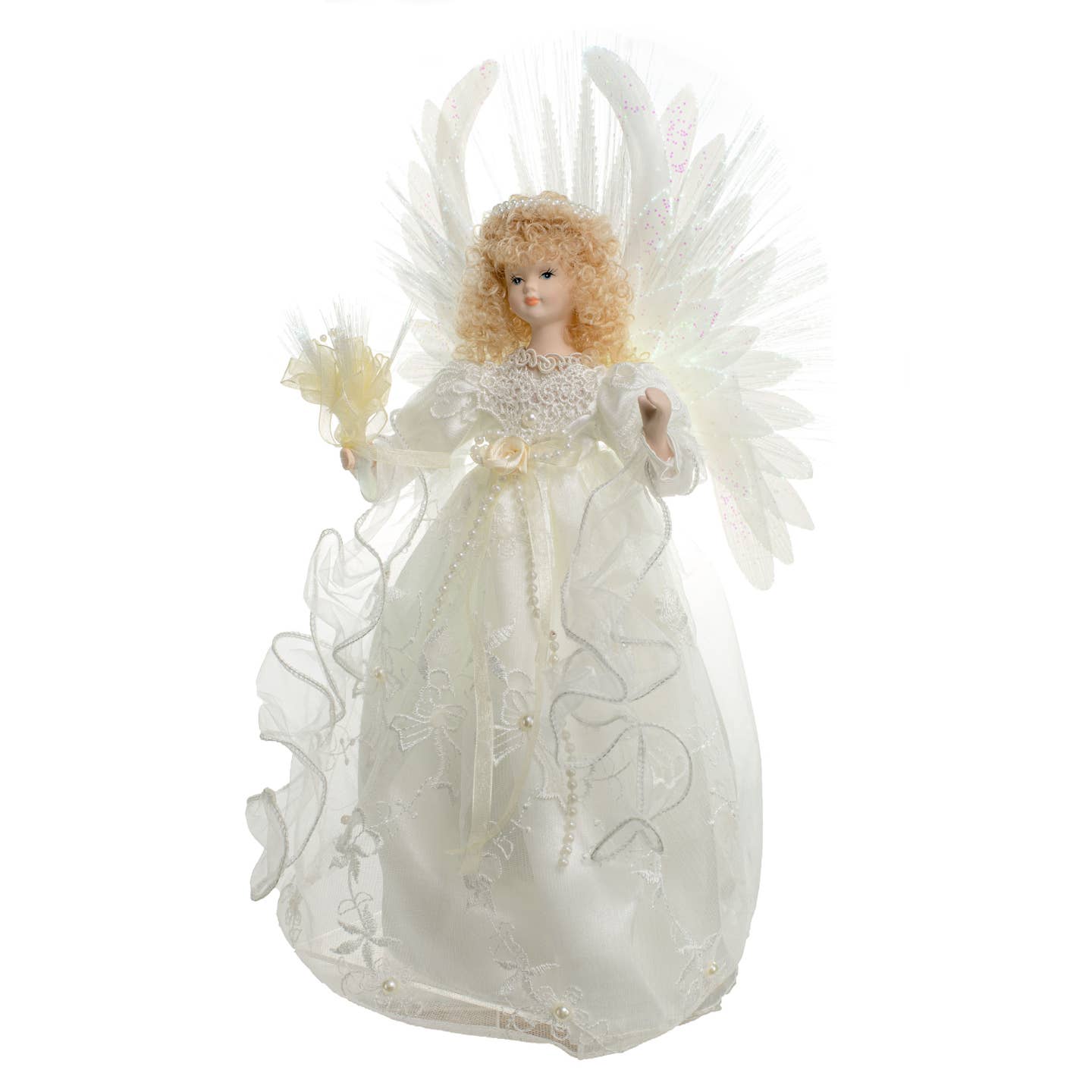 Ivory Fiber Optic Angel Tree Topper with Blonde Curly Hair