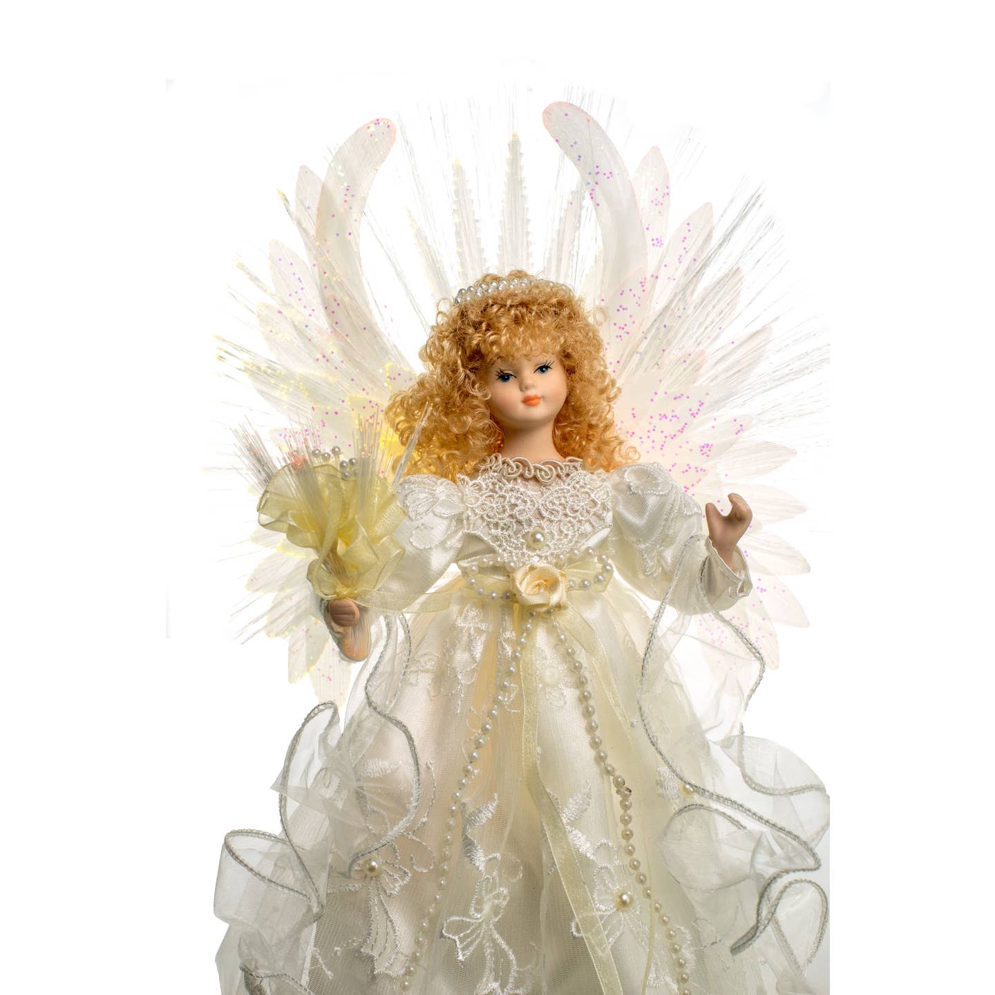 Ivory Fiber Optic Angel Tree Topper with Blonde Curly Hair