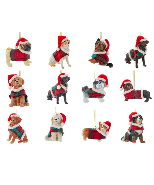 Dog With Plaid Coat and Santa Hat Ornaments, 12 Assorted (sold individually)