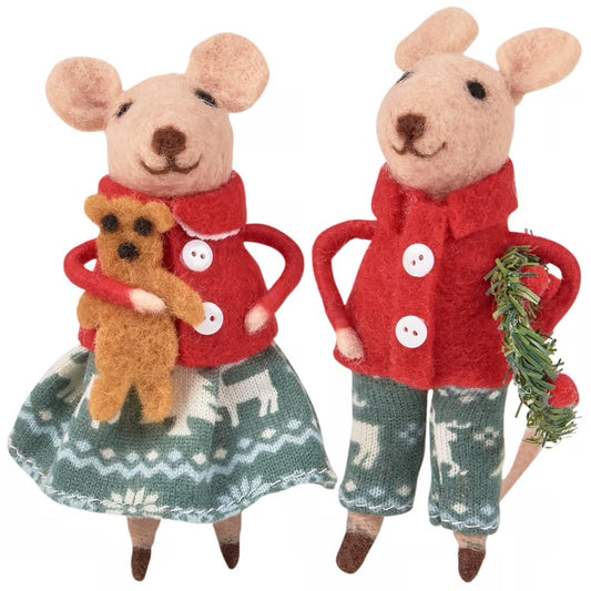 Felt critter set from our Christmas Collection including two mice with festive Christmas outfits and holding holiday gifts. Mice critters feature cute accents including a gingerbread cookie and felt berry details on the wreath. Our Christmas Day Mice critter set is designed to hang via included hanger or free-stand as a set or separately on flat surface for display. Contains small parts; this is not a toy. A cute set of seasonal home accents to display on their own or as a collection with other seasonal cri