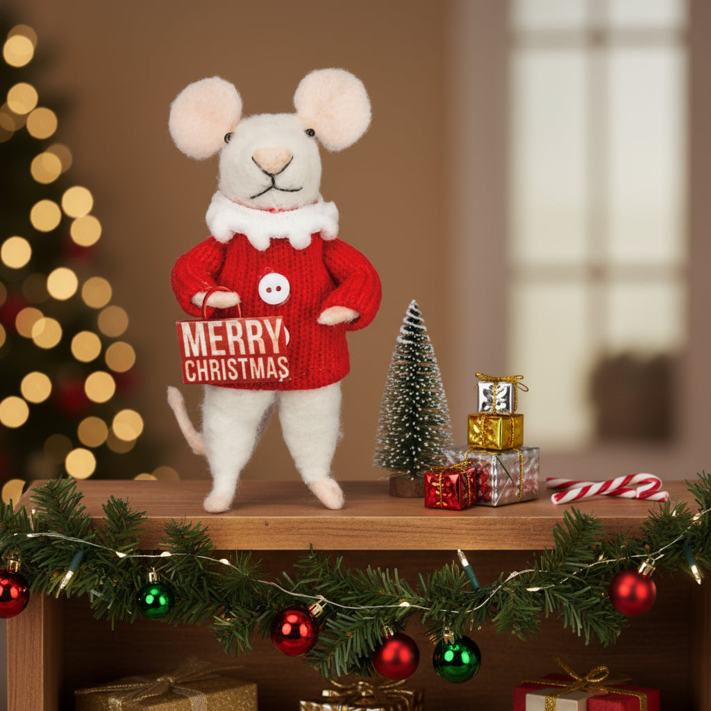 A Christmas-themed felt critter lending a "Merry Christmas" sentiment, knit sweater and scarf detail, and clear filament hanger for easy decorating. Great to display with other critter styles. This is not a toy.

Dimensions: 2.25" x 5" x 1.25"
Material: Felt, Polyester, Plastic, Metal
UPC: 883504336000
Artist: Primitives by Kathy
Product Text: MERRY CHRISTMAS