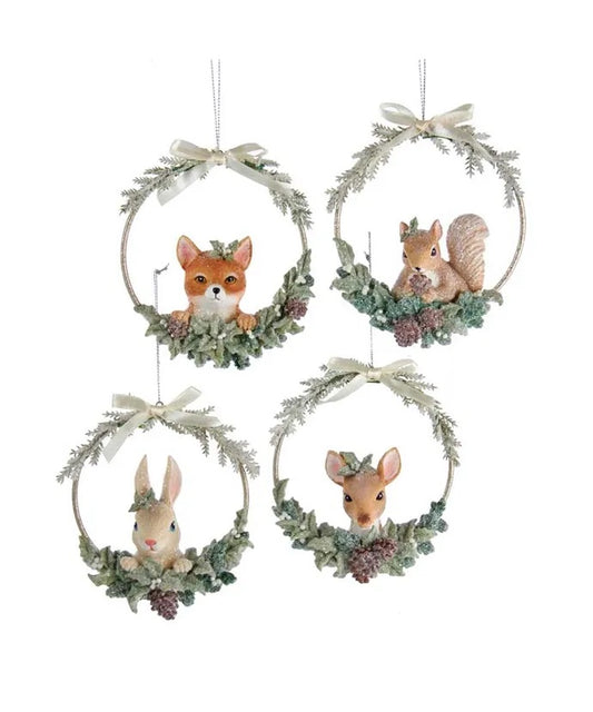 These animal head ornaments from Kurt Adler are a charming addition to any holiday décor or Christmas tree. This ornament assortment includes a fox, squirrel, rabbit and deer head ornaments in wire frame, each frame is decorated with glittered flowers and ribbon bow. 