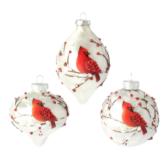 3 Inch Glass Cardinal Ornaments, 3 Styles, Sold Individually