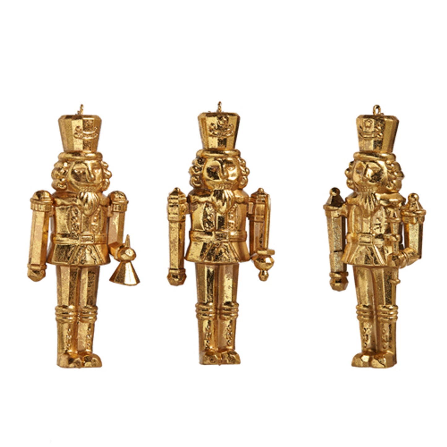 Includes all three Christmas Ornaments.The stunning gold of these nutcracker ornaments are to die for! This set of ornaments features a trio of soldiers with matching uniforms and different items in each hand! Perfect to hang throughout your tree or along a garland on your mantle or stair case! Sold a a set of 3. Made by Raz Imports. Made of plastic. Dimensions: 2"L X 1.25"W X 5"H. Item #: 4438873