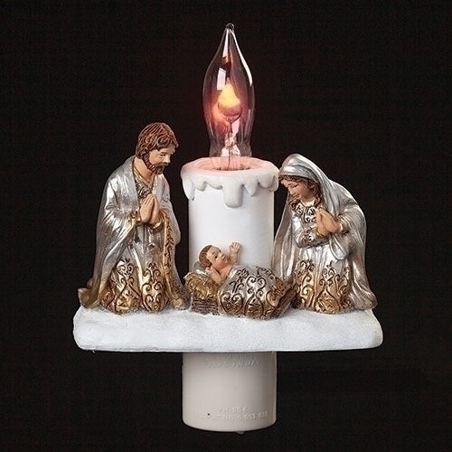 5.5"H NIGHT LIGHT HOLY FAMILY GOLD, SILVER; SWIVEL PLUG