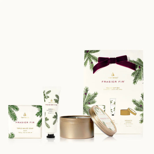 This Fraser Fir giftable set comes complete with a bar soap, petite hand cream, and travel tin in the beloved Frasier Fir fragrance with finishing touches of warm mulberry velvet and berry accents. Your go-to hostess gift for holiday parties.

